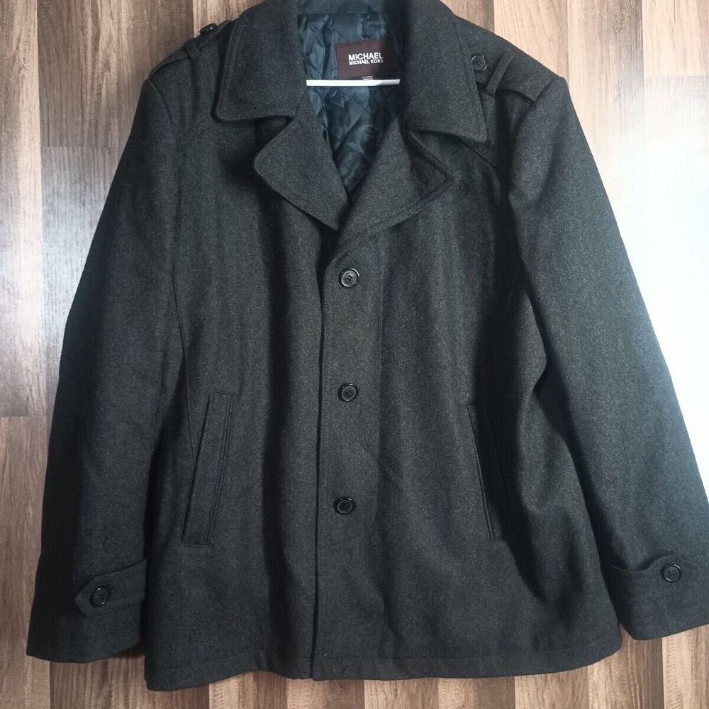 Michael Kors Wool Blend Pea Coat Men's XL Black Quilted Lining Insulated Jacket